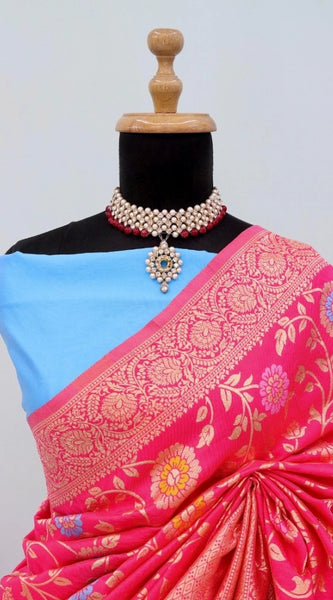 Mayawye Women's Banarasi Printed Saree With Unstitched Blouse 5.5Mtr (Rani)