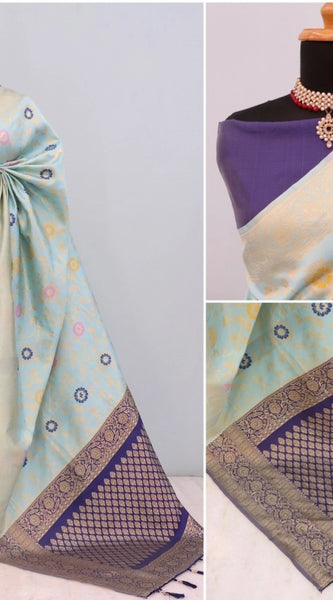 Mayawye Women's Banarasi Printed Saree With Unstitched Blouse 5.5Mtr (Firozi)