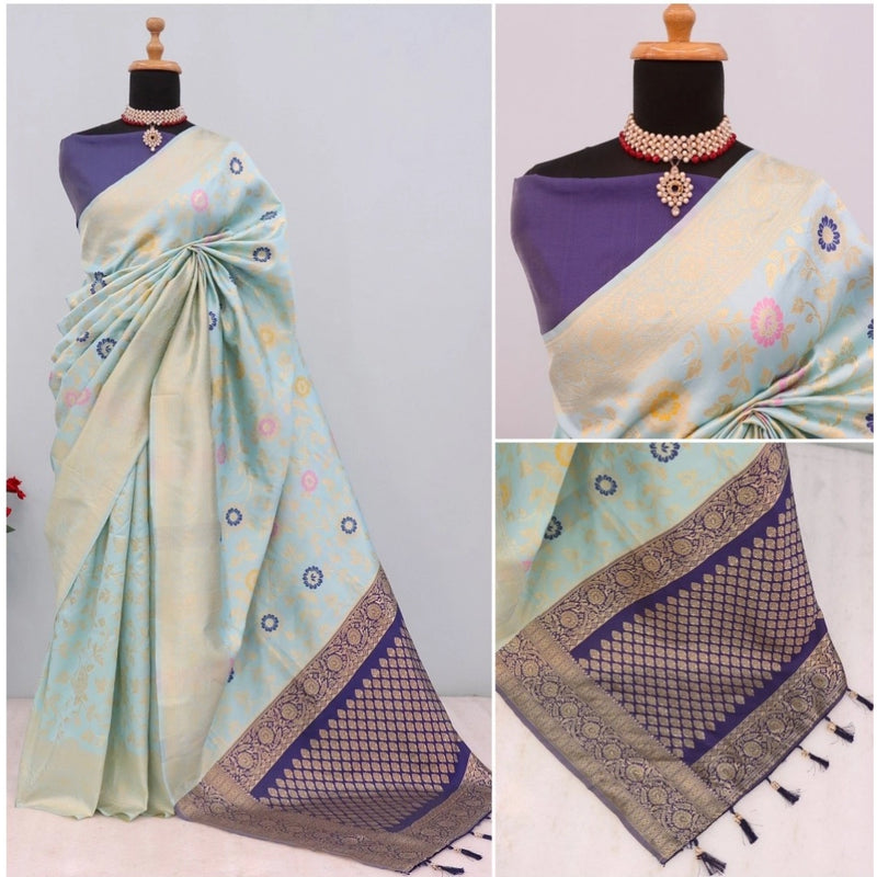 Mayawye Women's Banarasi Printed Saree With Unstitched Blouse 5.5Mtr (Firozi)