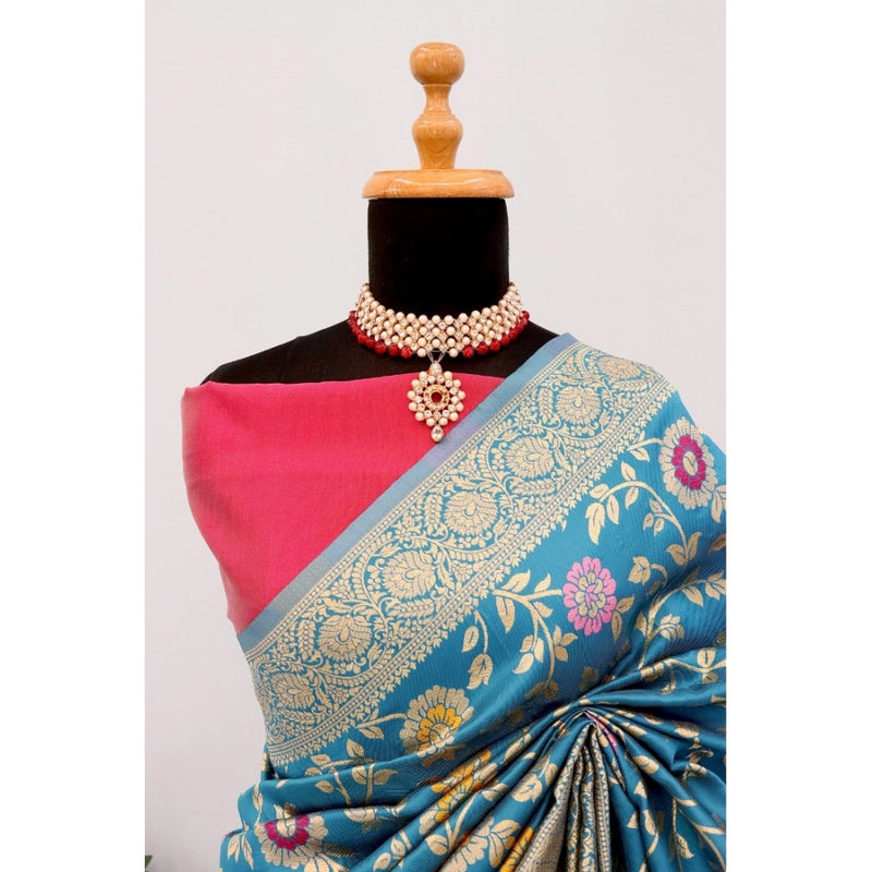 Mayawye Women's Banarasi Printed Saree With Unstitched Blouse 5.5Mtr (Aqua Blue)
