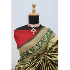 Mayawye Women's Banarasi Printed Saree With Unstitched Blouse 5.5Mtr (Golden)