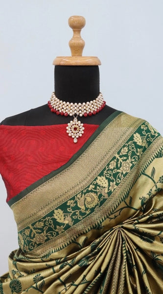 Mayawye Women's Banarasi Printed Saree With Unstitched Blouse 5.5Mtr (Golden)