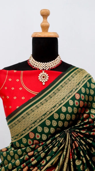 Mayawye Women's Banarasi Printed Saree With Unstitched Blouse 5.5Mtr (Green)