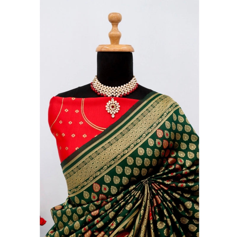 Mayawye Women's Banarasi Printed Saree With Unstitched Blouse 5.5Mtr (Green)