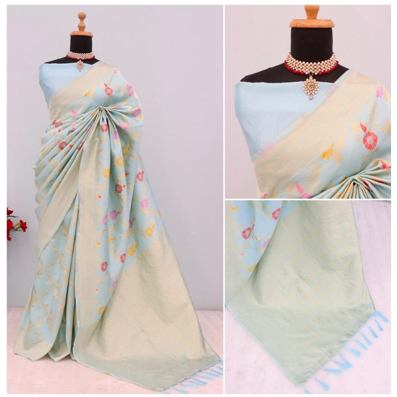Mayawye Women's Banarasi Printed Saree With Unstitched Blouse 5.5Mtr (Firozi)