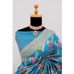 Mayawye Women's Banarasi Printed Saree With Unstitched Blouse 5.5Mtr (Aqua Blue)