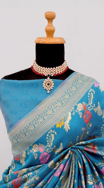 Mayawye Women's Banarasi Printed Saree With Unstitched Blouse 5.5Mtr (Aqua Blue)