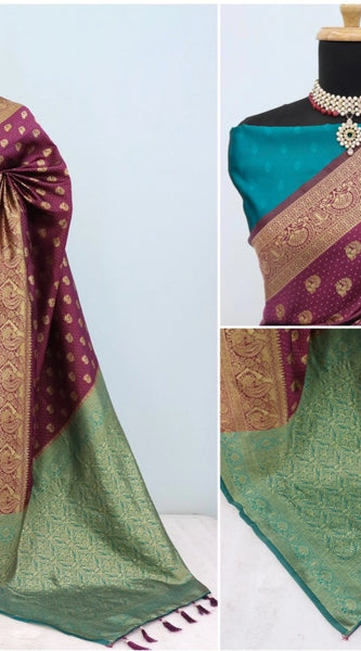 Mayawye Women's Banarasi Printed Saree With Unstitched Blouse 5.5Mtr (Purple)