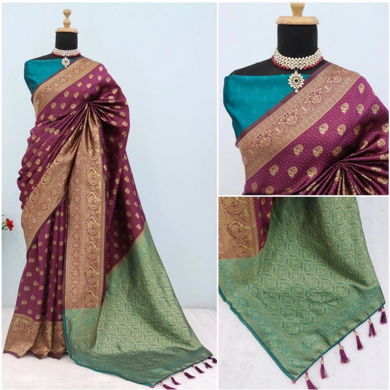 Mayawye Women's Banarasi Printed Saree With Unstitched Blouse 5.5Mtr (Purple)