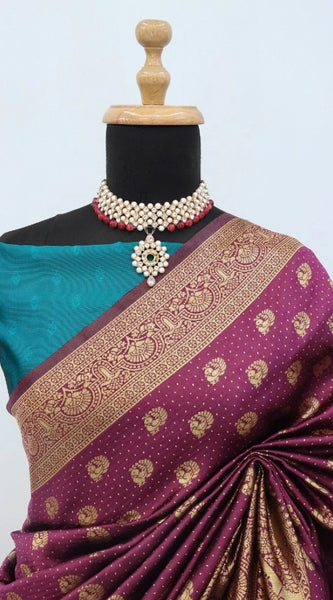 Mayawye Women's Banarasi Printed Saree With Unstitched Blouse 5.5Mtr (Purple)