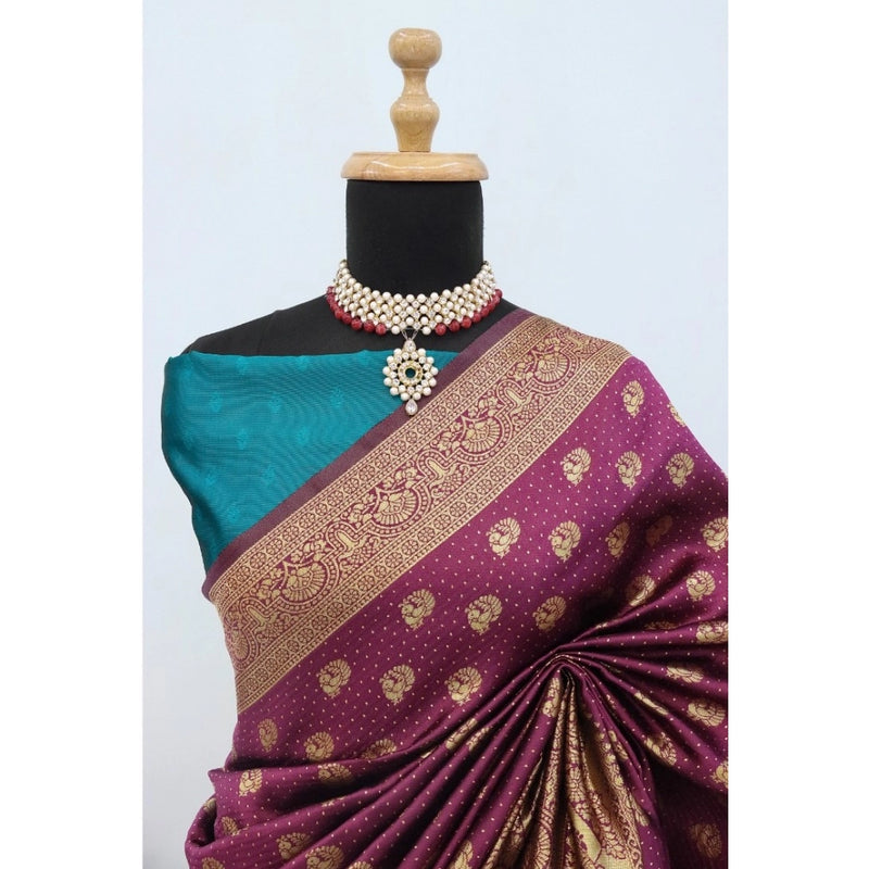 Mayawye Women's Banarasi Printed Saree With Unstitched Blouse 5.5Mtr (Purple)