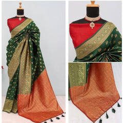 Mayawye Women's Banarasi Printed Saree With Unstitched Blouse 5.5Mtr (Green)