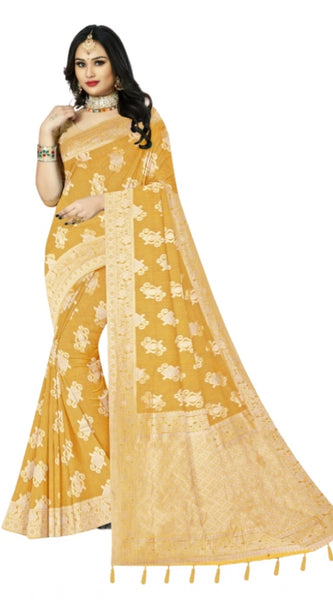 Mayawye Women's Cotton Printed Saree With Unstitched Blouse 5.5Mtr (Yellow)