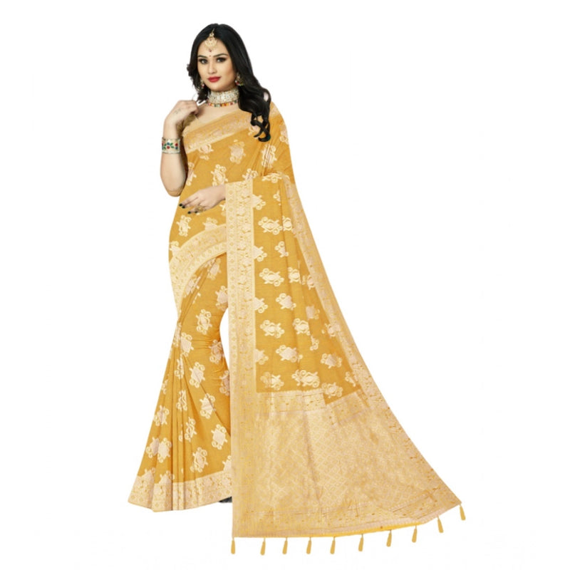 Mayawye Women's Cotton Printed Saree With Unstitched Blouse 5.5Mtr (Yellow)