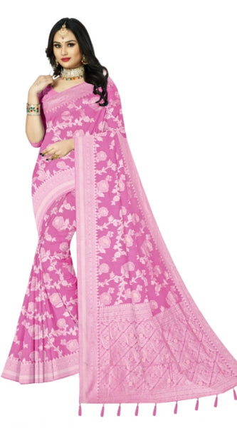 Mayawye Women's Cotton Printed Saree With Unstitched Blouse 5.5Mtr (Pink)