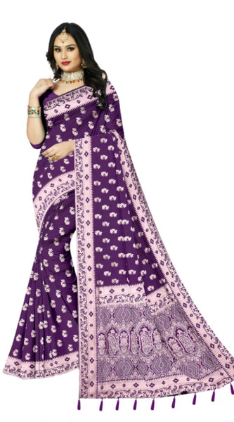 Mayawye Women's Satin Printed Saree With Unstitched Blouse 5.5Mtr (Purple)