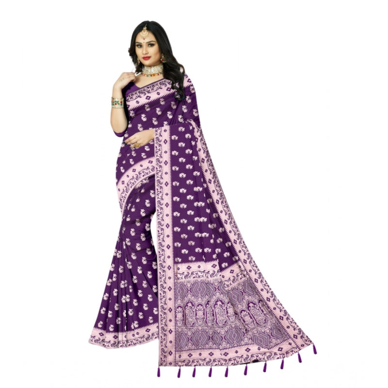 Mayawye Women's Satin Printed Saree With Unstitched Blouse 5.5Mtr (Purple)
