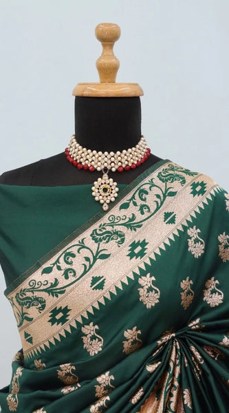 Mayawye Women's Satin Printed Saree With Unstitched Blouse 5.5Mtr (Green)