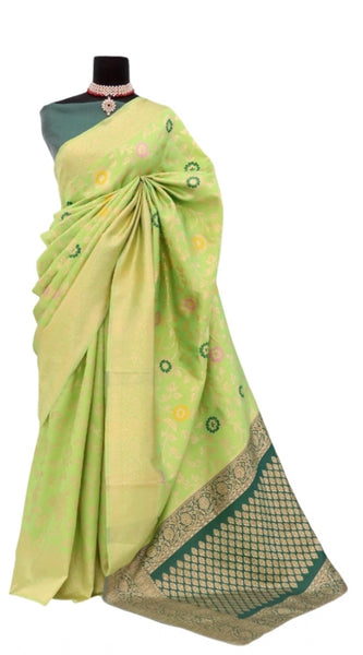 Mayawye Women's Banarasi Printed Saree With Unstitched Blouse 5.5Mtr (Green)