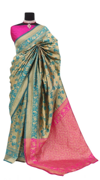 Mayawye Women's Banarasi Printed Saree With Unstitched Blouse 5.5Mtr (Golden)