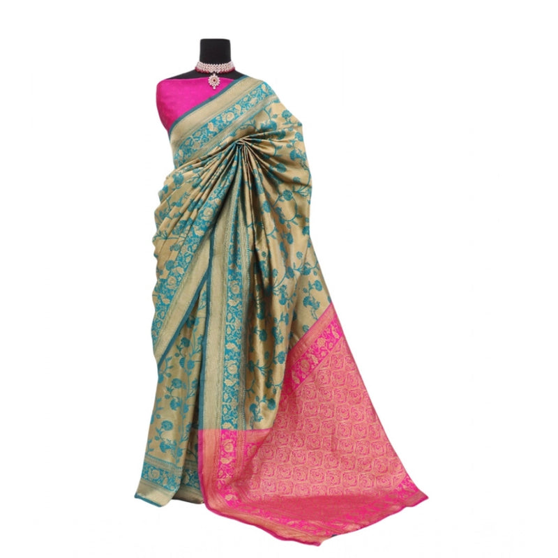 Mayawye Women's Banarasi Printed Saree With Unstitched Blouse 5.5Mtr (Golden)