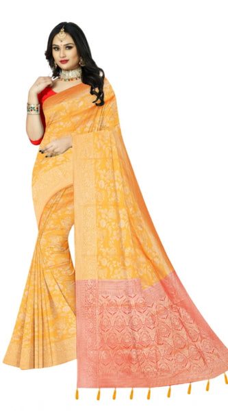 Mayawye Women's Banarasi Printed Saree With Unstitched Blouse 5.5Mtr (Yellow)