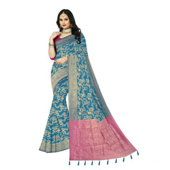 Mayawye Women's Banarasi Printed Saree With Unstitched Blouse 5.5Mtr (Aqua Blue)