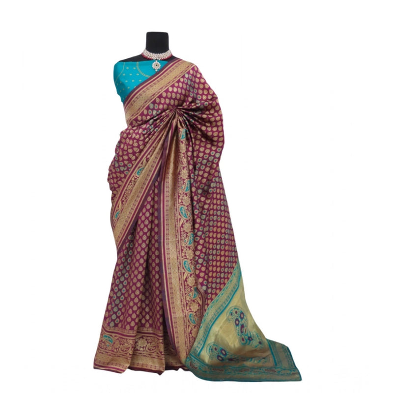 Mayawye Women's Banarasi Printed Saree With Unstitched Blouse 5.5Mtr (Purple)