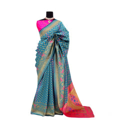 Mayawye Women's Banarasi Printed Saree With Unstitched Blouse 5.5Mtr (Aqua Blue)