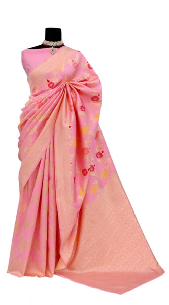 Mayawye Women's Banarasi Printed Saree With Unstitched Blouse 5.5Mtr (Pink)