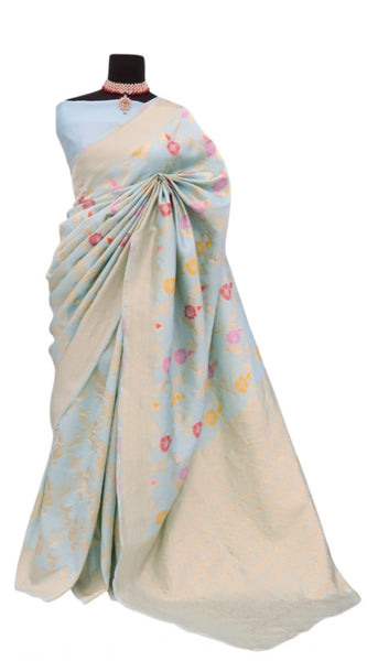 Mayawye Women's Banarasi Printed Saree With Unstitched Blouse 5.5Mtr (Firozi)