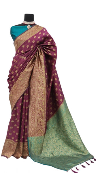 Mayawye Women's Banarasi Printed Saree With Unstitched Blouse 5.5Mtr (Purple)