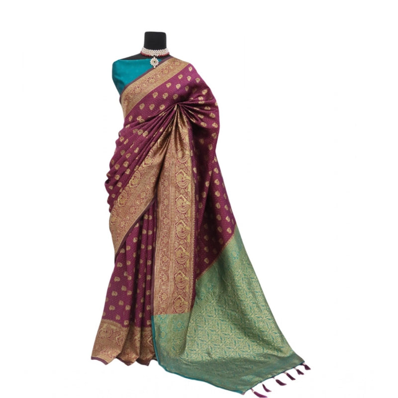 Mayawye Women's Banarasi Printed Saree With Unstitched Blouse 5.5Mtr (Purple)