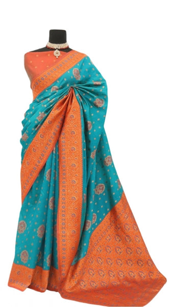 Mayawye Women's Banarasi Printed Saree With Unstitched Blouse 5.5Mtr (Rama)