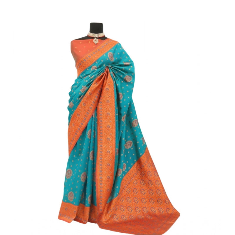 Mayawye Women's Banarasi Printed Saree With Unstitched Blouse 5.5Mtr (Rama)