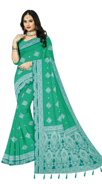 Mayawye Women's Cotton Printed Saree With Unstitched Blouse 5.5Mtr (Rama)