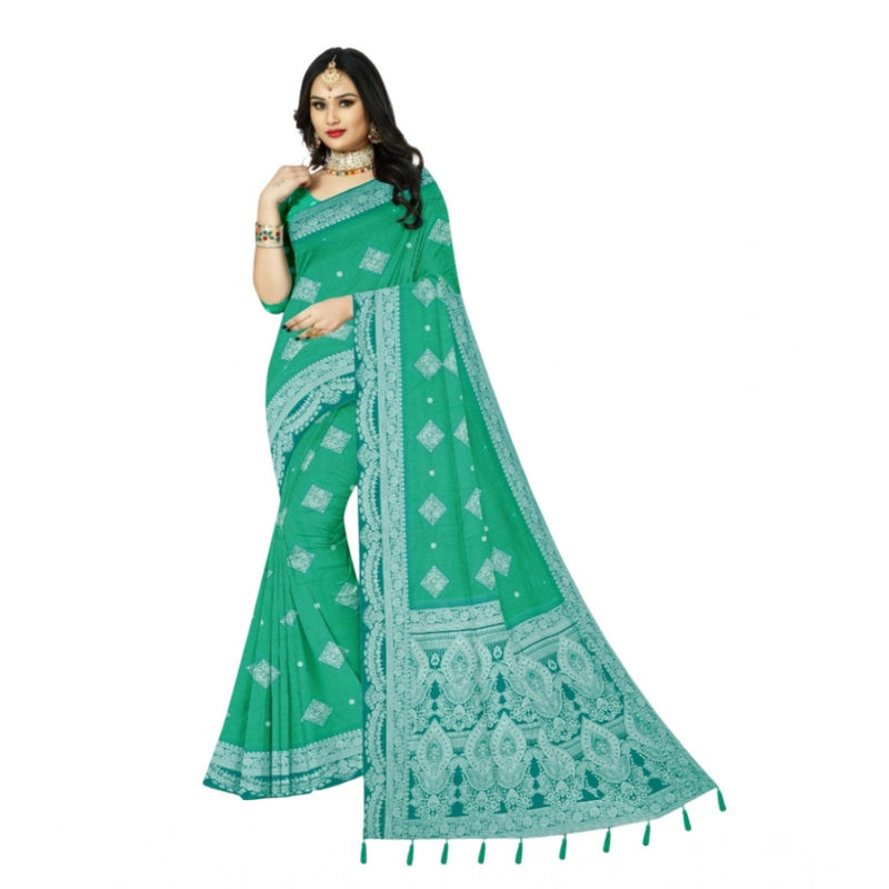 Mayawye Women's Cotton Printed Saree With Unstitched Blouse 5.5Mtr (Rama)