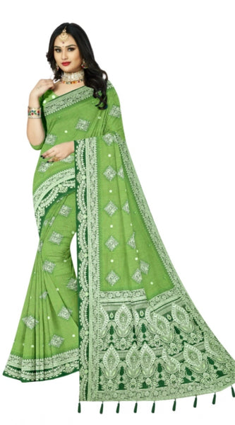 Mayawye Women's Cotton Printed Saree With Unstitched Blouse 5.5Mtr (Green)