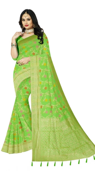 Mayawye Women's Banarasi Printed Saree With Unstitched Blouse 5.5Mtr (Green)
