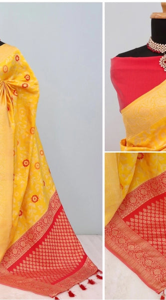 Mayawye Women's Banarasi Printed Saree With Unstitched Blouse 5.5Mtr (Yellow)
