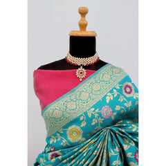 Mayawye Women's Banarasi Printed Saree With Unstitched Blouse 5.5Mtr (Rama)