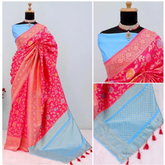 Mayawye Women's Banarasi Printed Saree With Unstitched Blouse 5.5Mtr (Rani)
