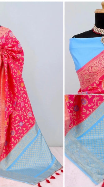 Mayawye Women's Banarasi Printed Saree With Unstitched Blouse 5.5Mtr (Rani)