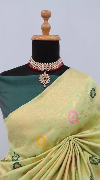 Mayawye Women's Banarasi Printed Saree With Unstitched Blouse 5.5Mtr (Light Green)