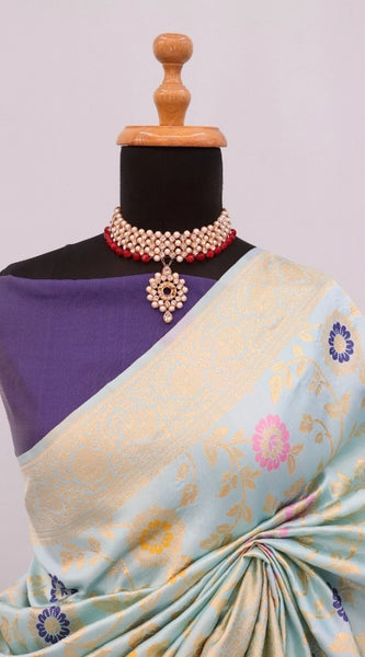 Mayawye Women's Banarasi Printed Saree With Unstitched Blouse 5.5Mtr (Firozi)