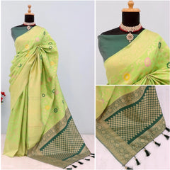 Mayawye Women's Banarasi Printed Saree With Unstitched Blouse 5.5Mtr (Green)