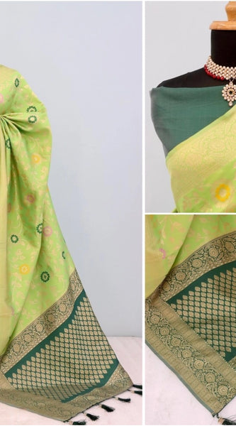 Mayawye Women's Banarasi Printed Saree With Unstitched Blouse 5.5Mtr (Green)