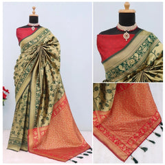 Mayawye Women's Banarasi Printed Saree With Unstitched Blouse 5.5Mtr (Golden)