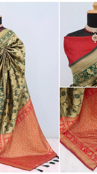 Mayawye Women's Banarasi Printed Saree With Unstitched Blouse 5.5Mtr (Golden)