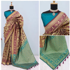 Mayawye Women's Banarasi Printed Saree With Unstitched Blouse 5.5Mtr (Golden)